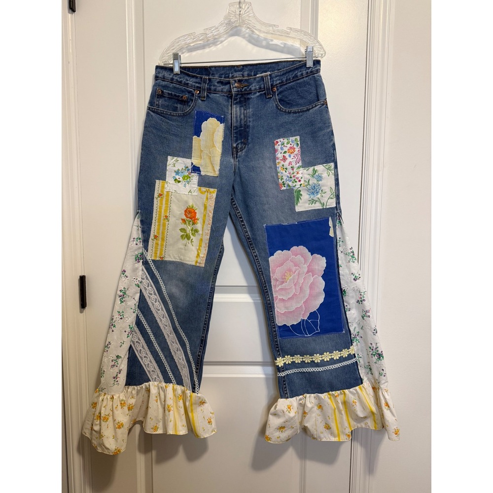 Jordache Vintage Upcycled Patchwork Jeans 14 Blue Floral Ruffle Cottagecore Boho